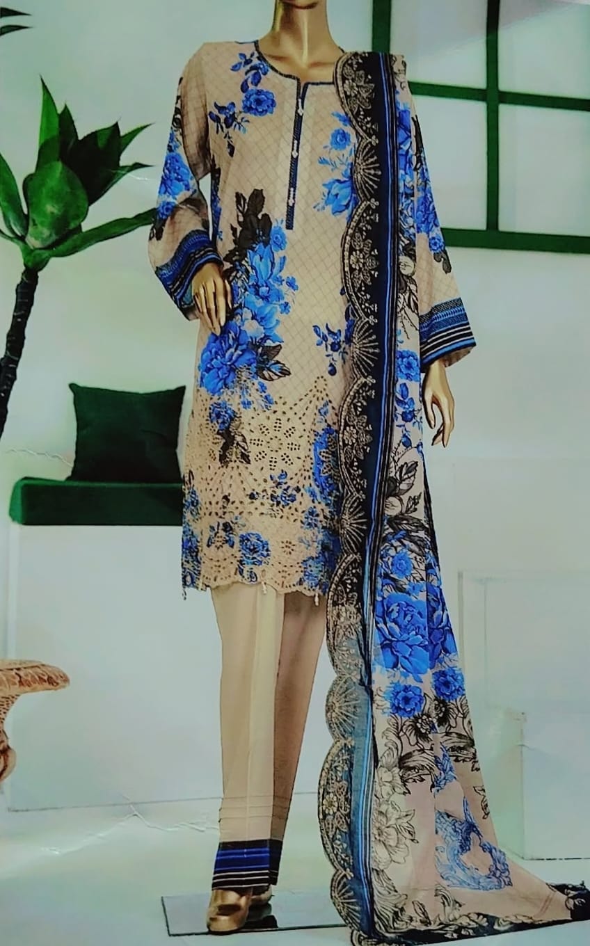 Ivory Blue Blossom Chikenkari 3 piece suit,s