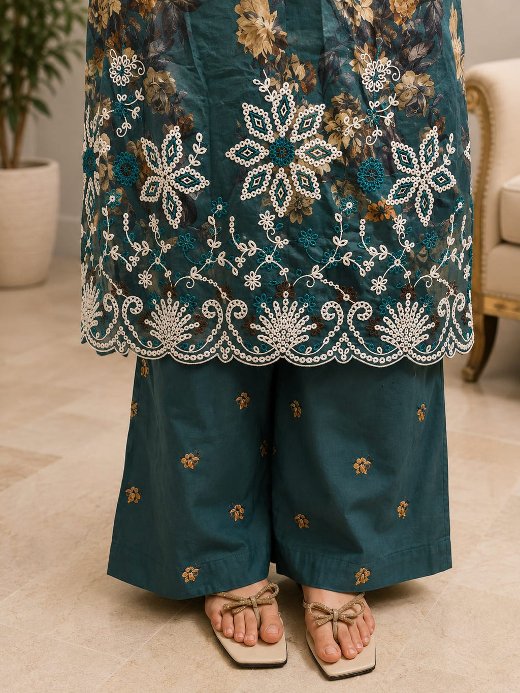 Teal vintage bloom deep teal printed & embroidered chikankari 3 piece suit