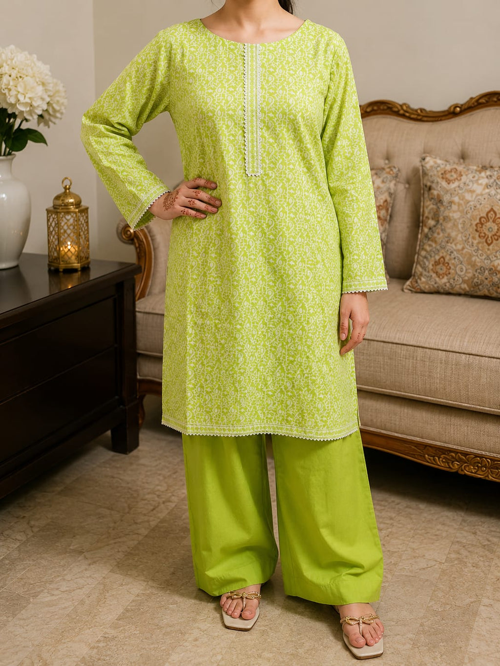 Lime Green Printed Lawn Suit