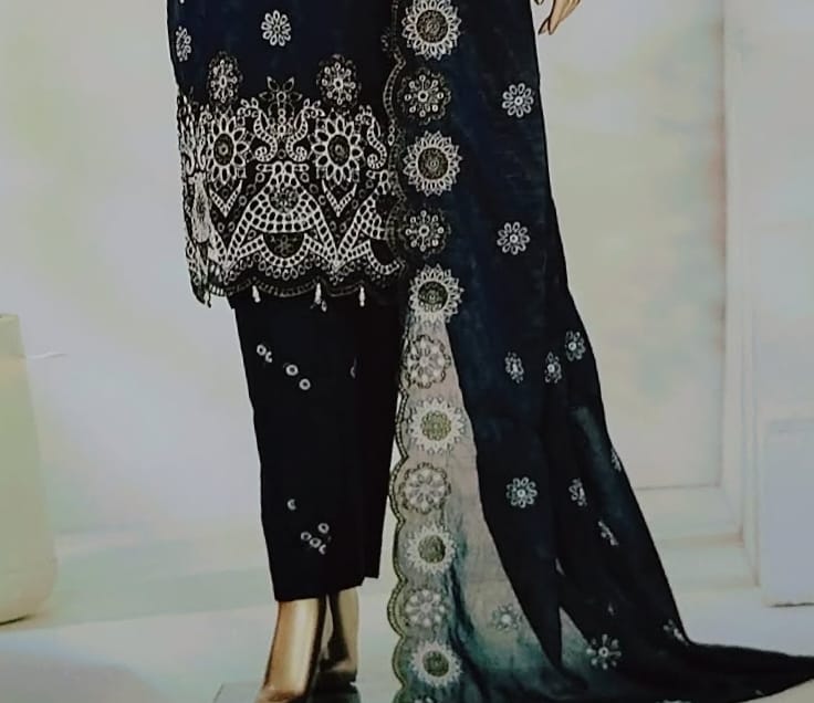 Noir Lace Bloom  Chikenkari 3 piece