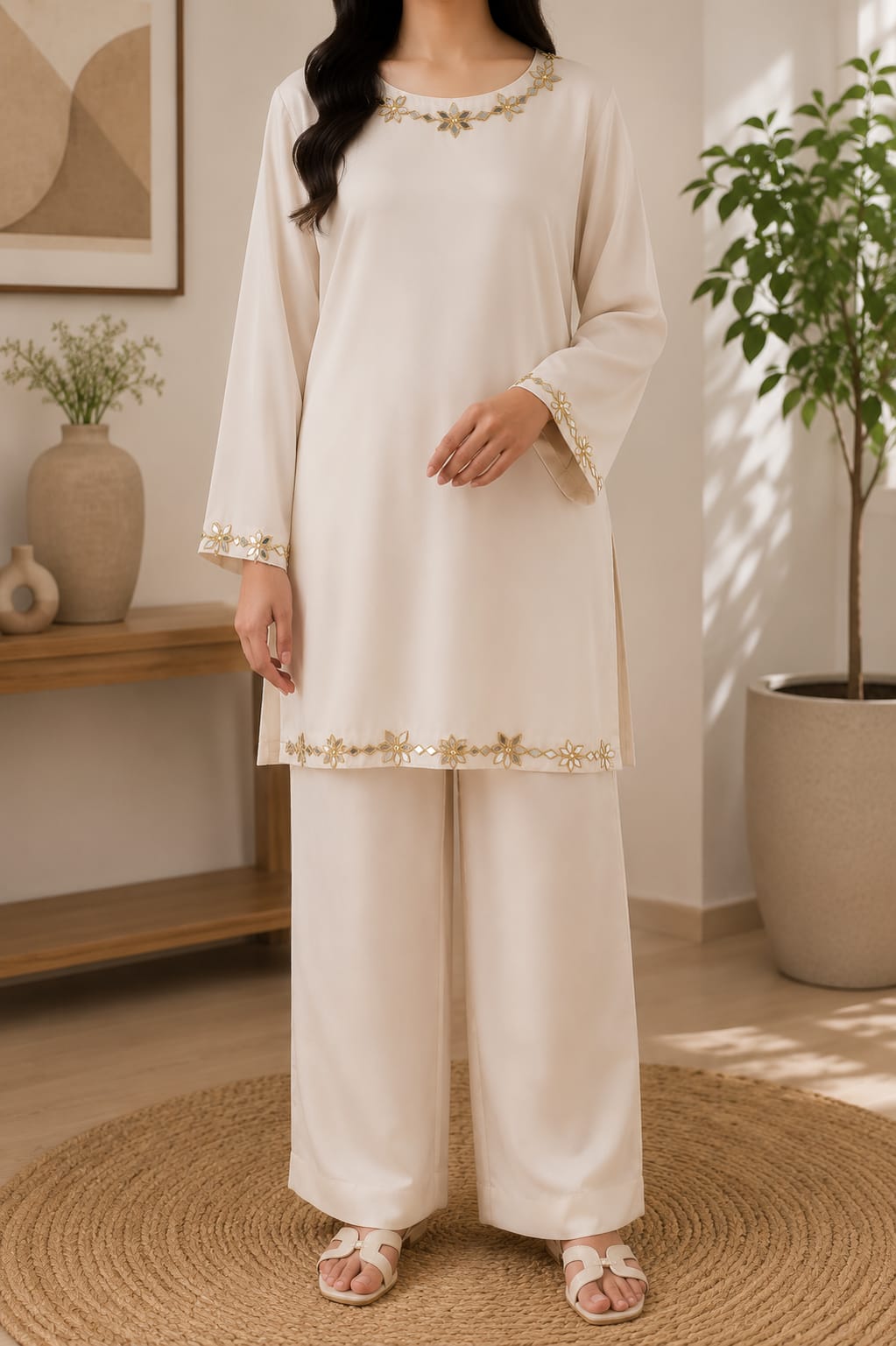 Ivory Mirror Work Co-Ord Set Elegant & Graceful