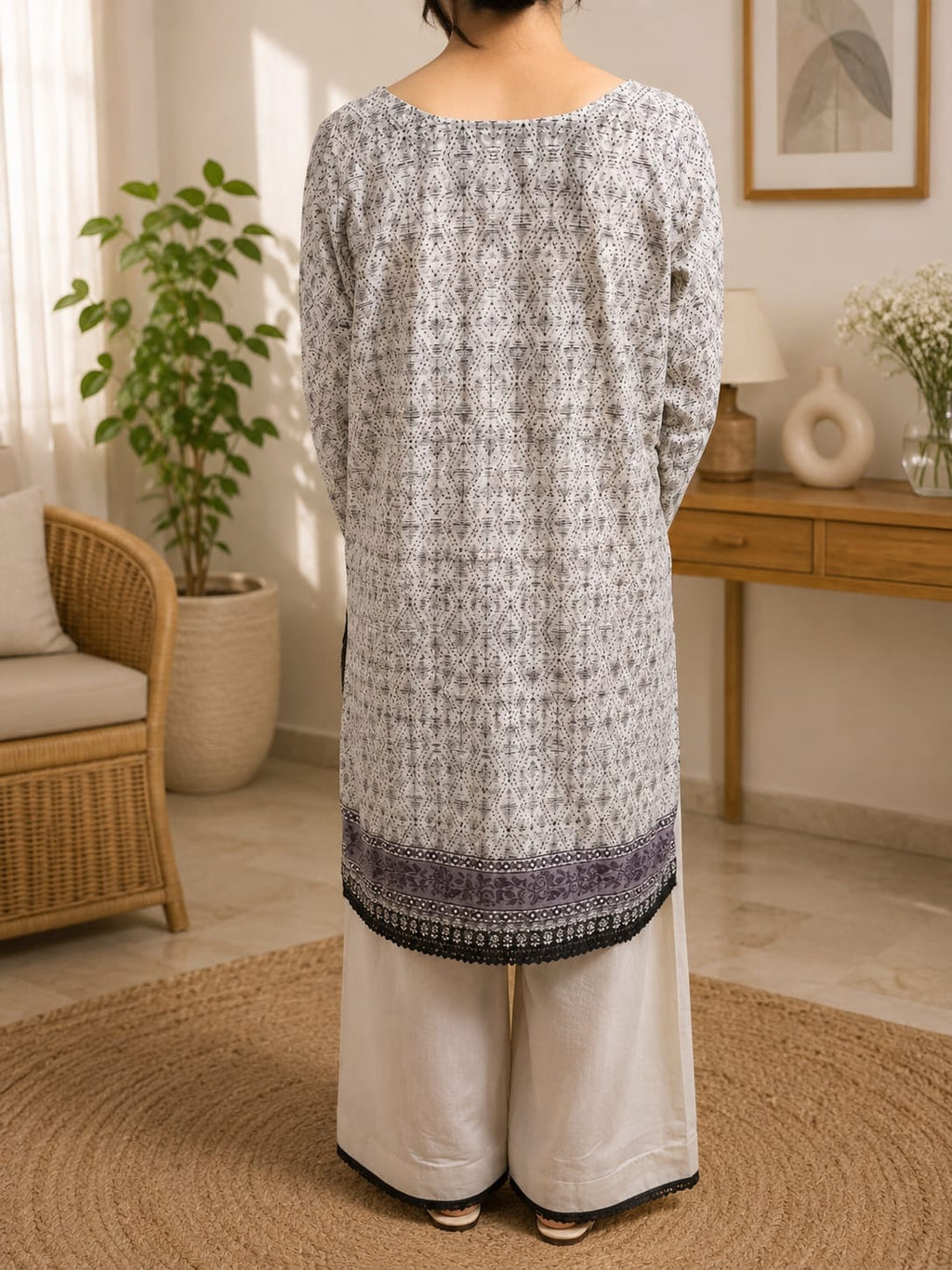 Classic ikat & lace off white & dark charcoal printed tunic