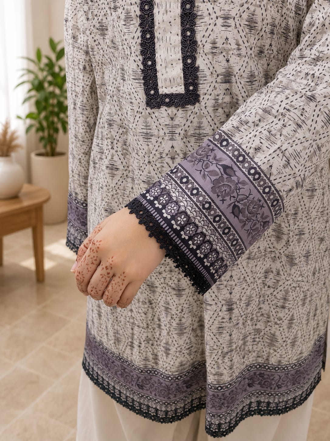 Classic ikat & lace off white & dark charcoal printed tunic