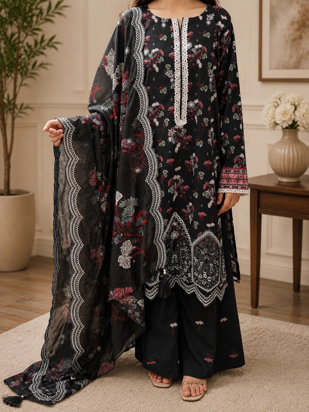 Midnight schiffli & lace premium  Chikankari suit with cutwork daman.