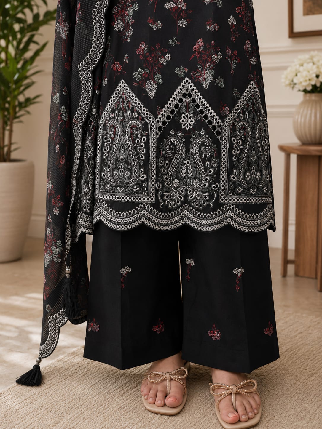 Midnight schiffli & lace premium  Chikankari suit with cutwork daman.
