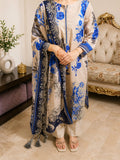 Royal porcelain bloom beige & royal blue floral printed 3 piece chikankari suit