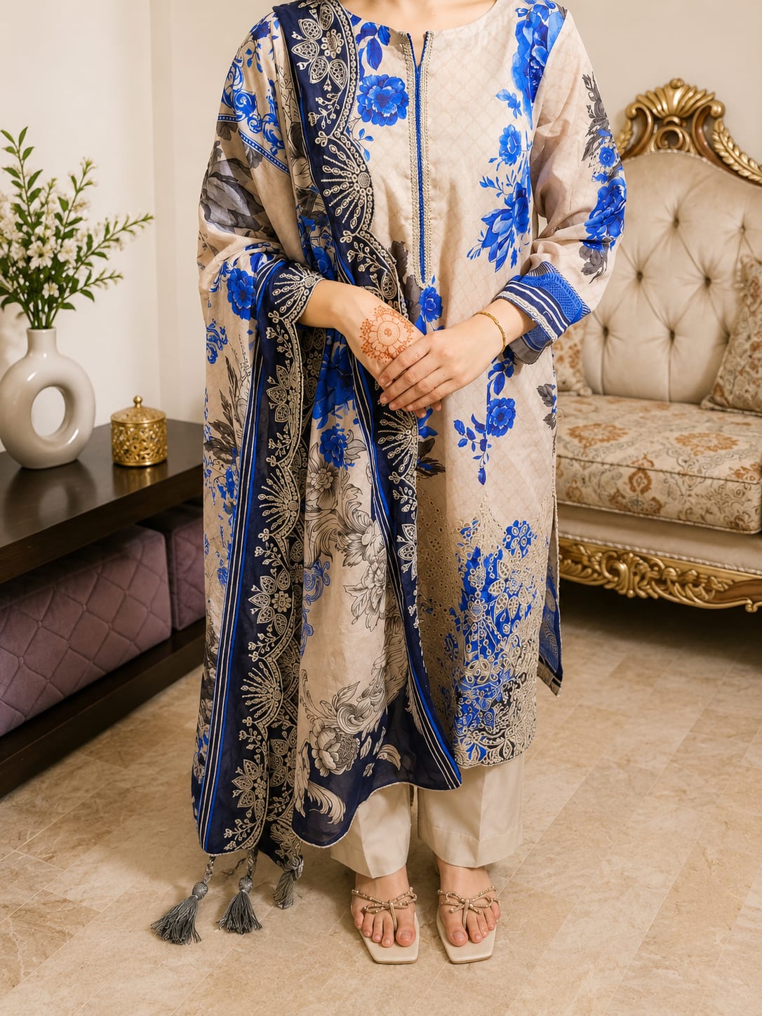 Royal porcelain bloom beige & royal blue floral printed 3 piece chikankari suit