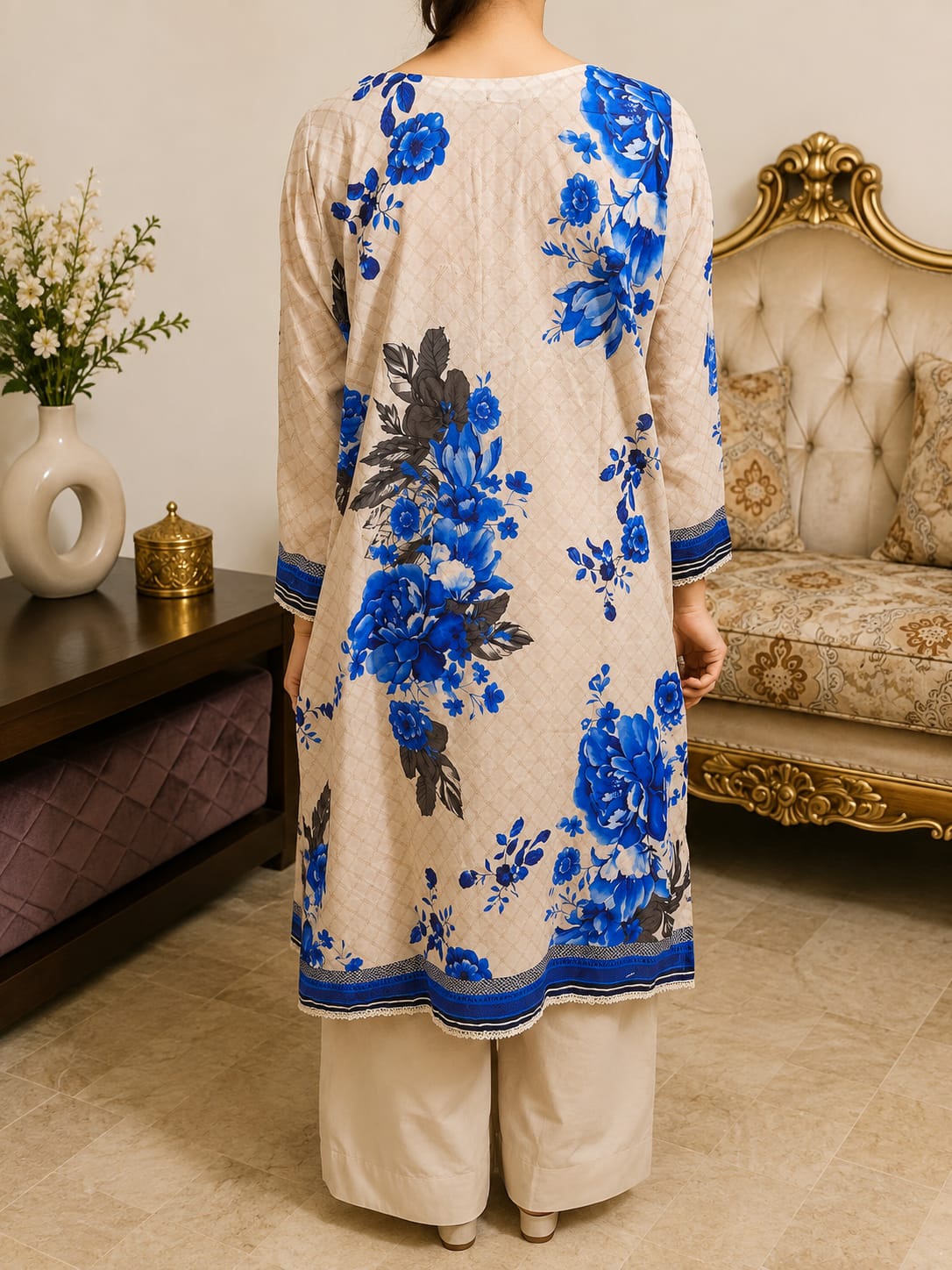 Royal porcelain bloom beige & royal blue floral printed 3 piece chikankari suit