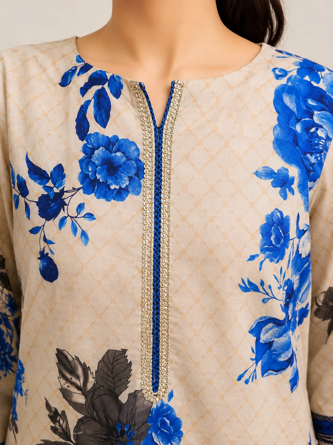Royal porcelain bloom beige & royal blue floral printed 3 piece chikankari suit