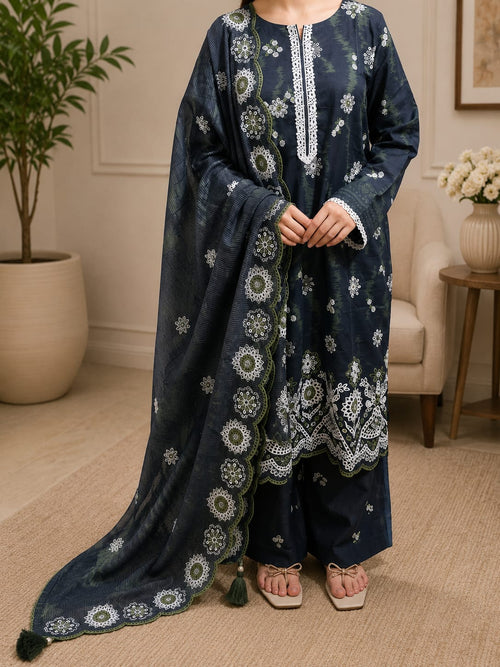 Botanical chikenkari bloom printed & embroidered 3 piece ensemble with tasseled dupatta.