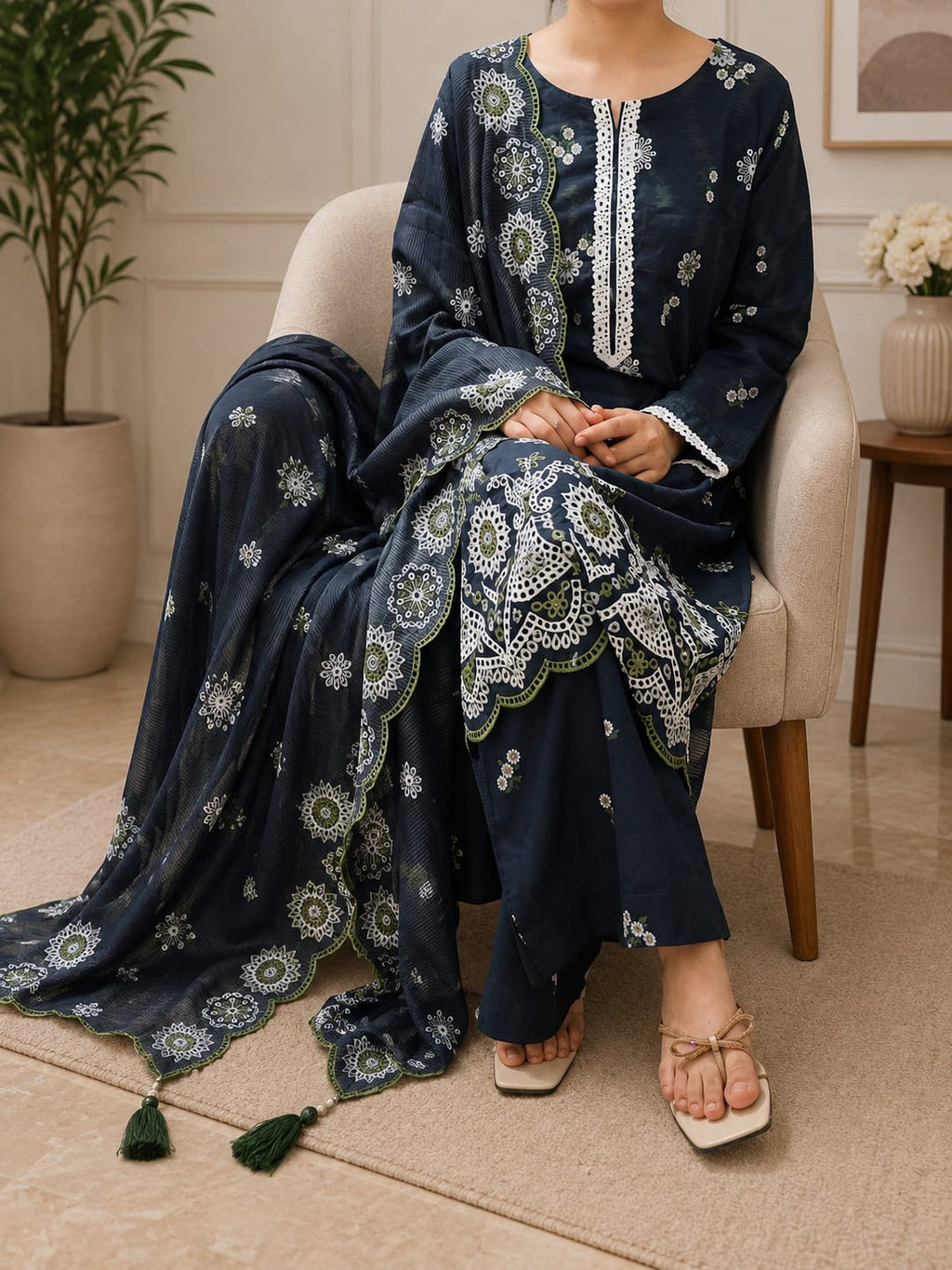 Botanical chikenkari bloom printed & embroidered 3 piece ensemble with tasseled dupatta.