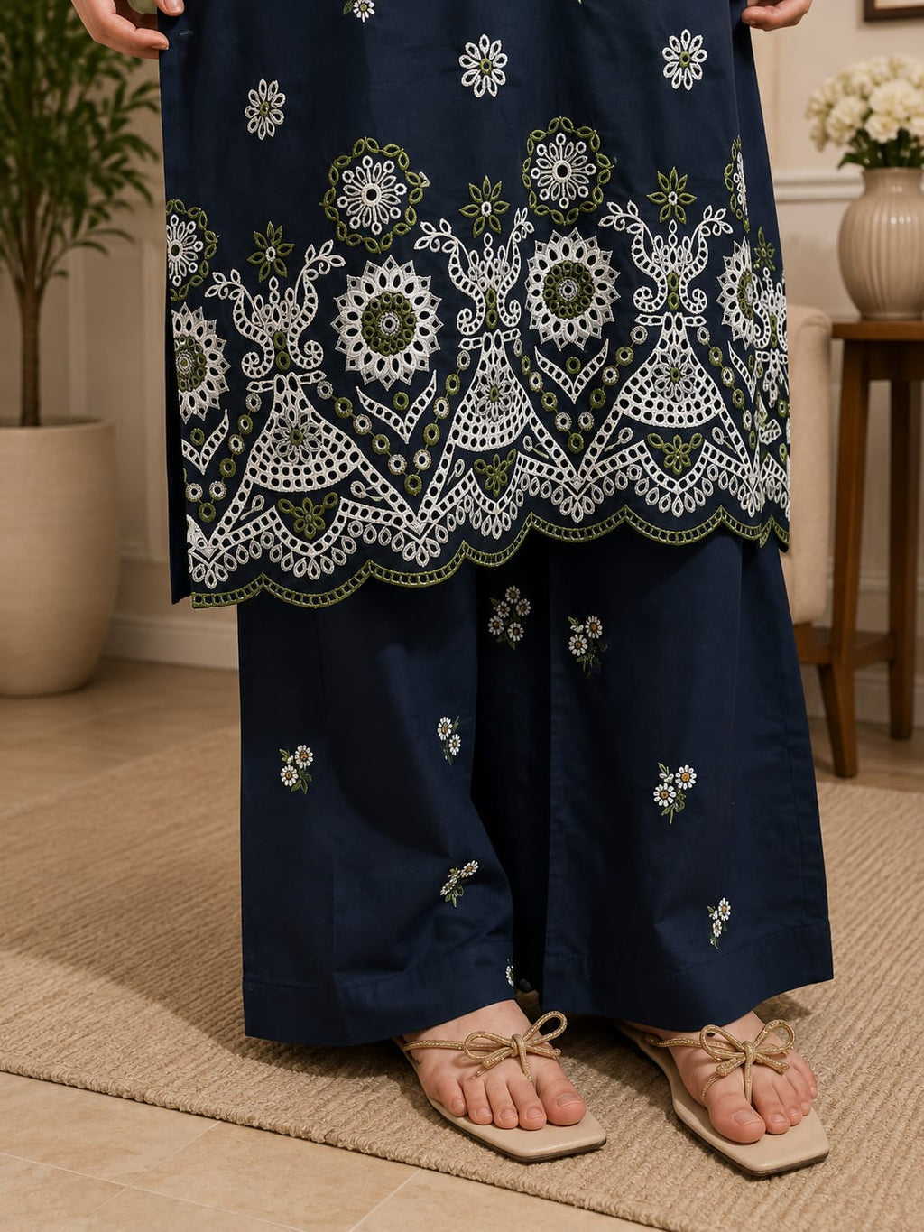Botanical chikenkari bloom printed & embroidered 3 piece ensemble with tasseled dupatta.