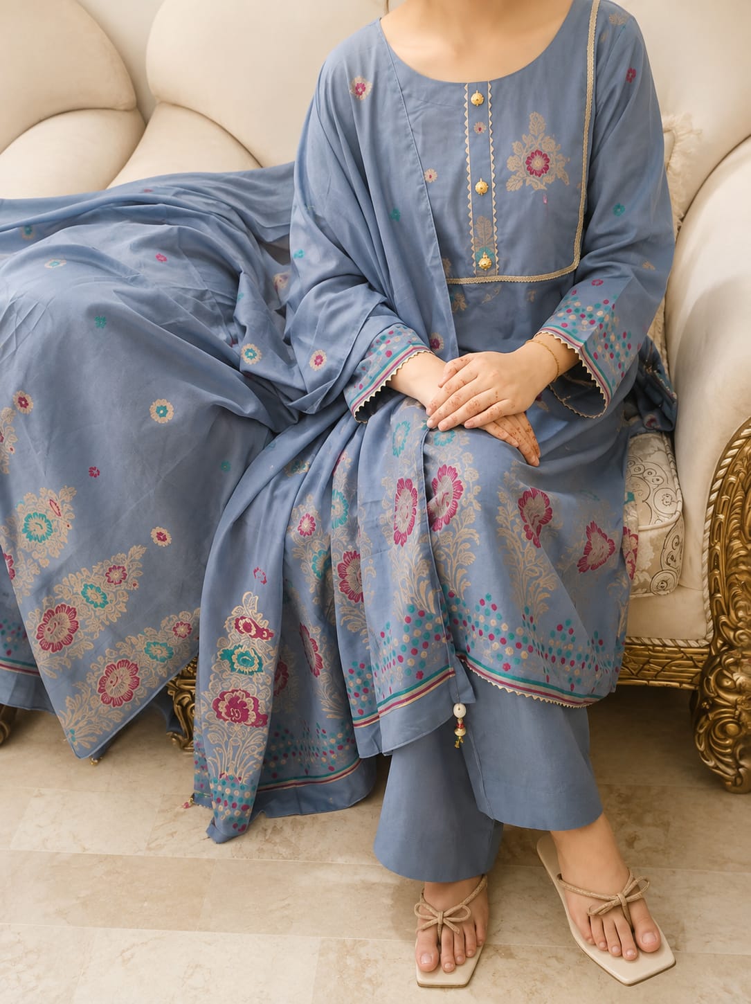 Smokey grey banarasi grace  grey jacquard 3- piece lawn suit with red gold banarasi work.