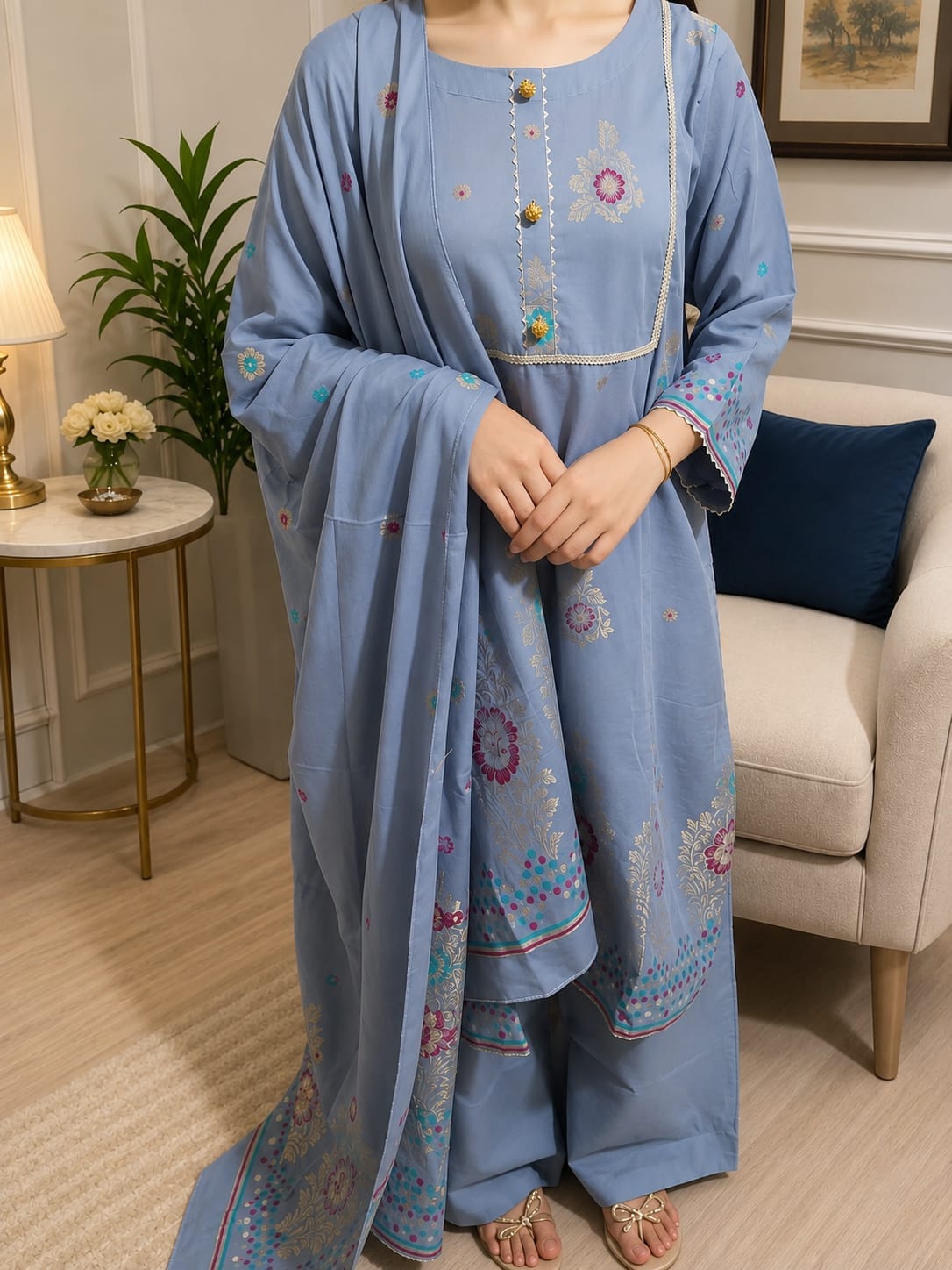 Smokey grey banarasi grace  grey jacquard 3- piece lawn suit with red gold banarasi work.