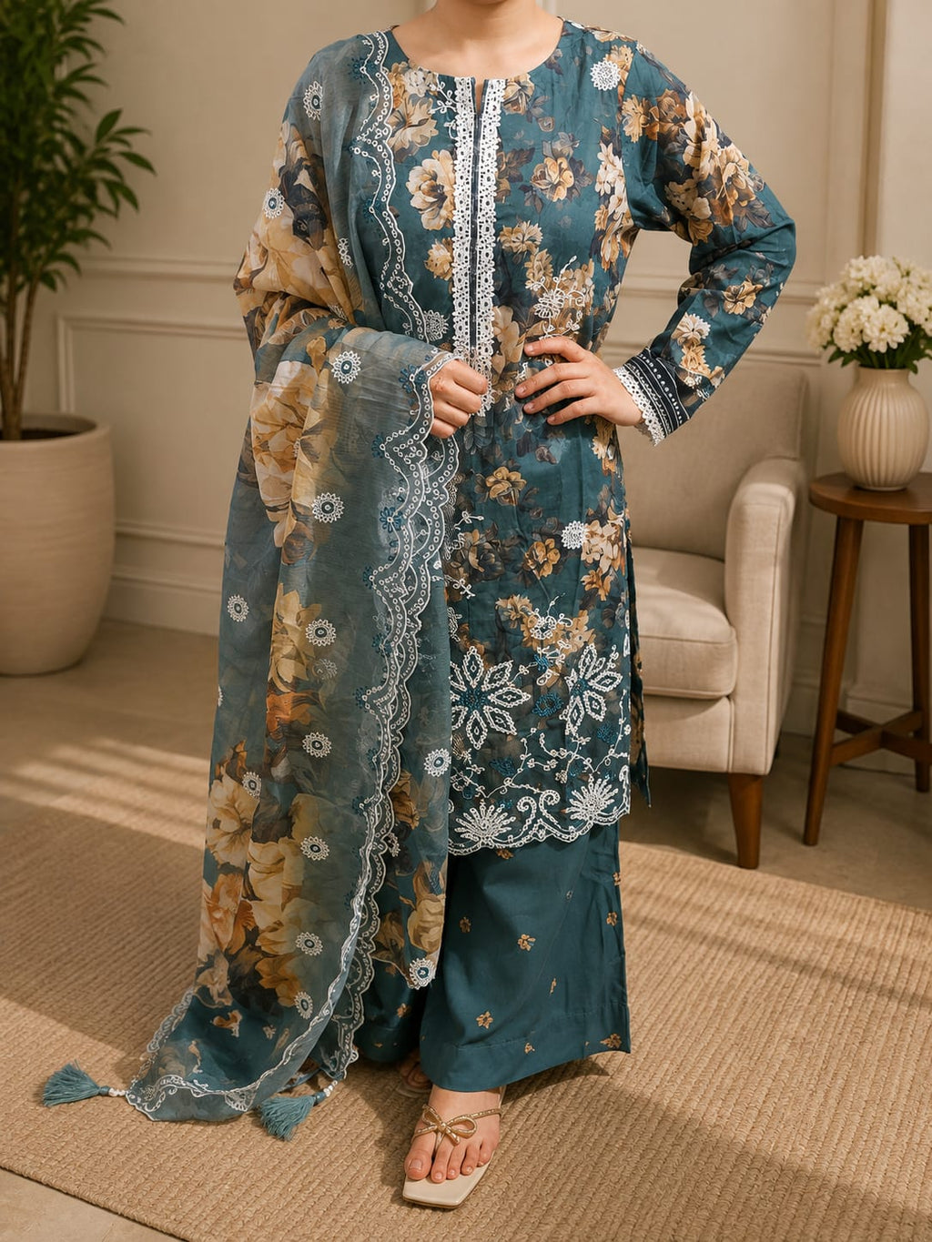 Teal vintage bloom deep teal printed & embroidered chikankari 3 piece suit