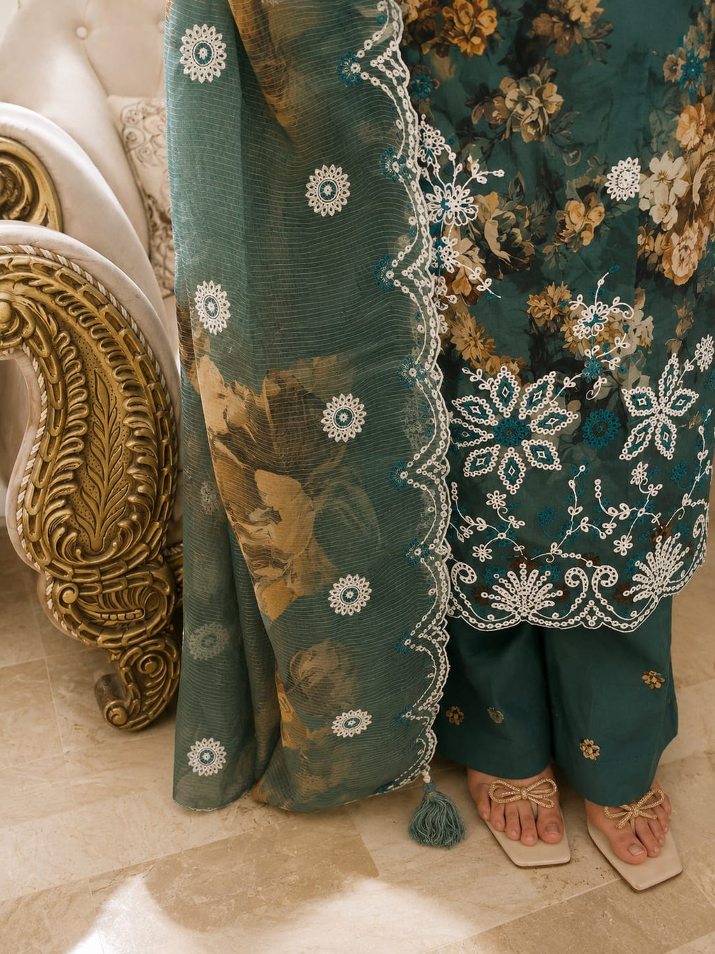 Teal vintage bloom deep teal printed & embroidered chikankari 3 piece suit