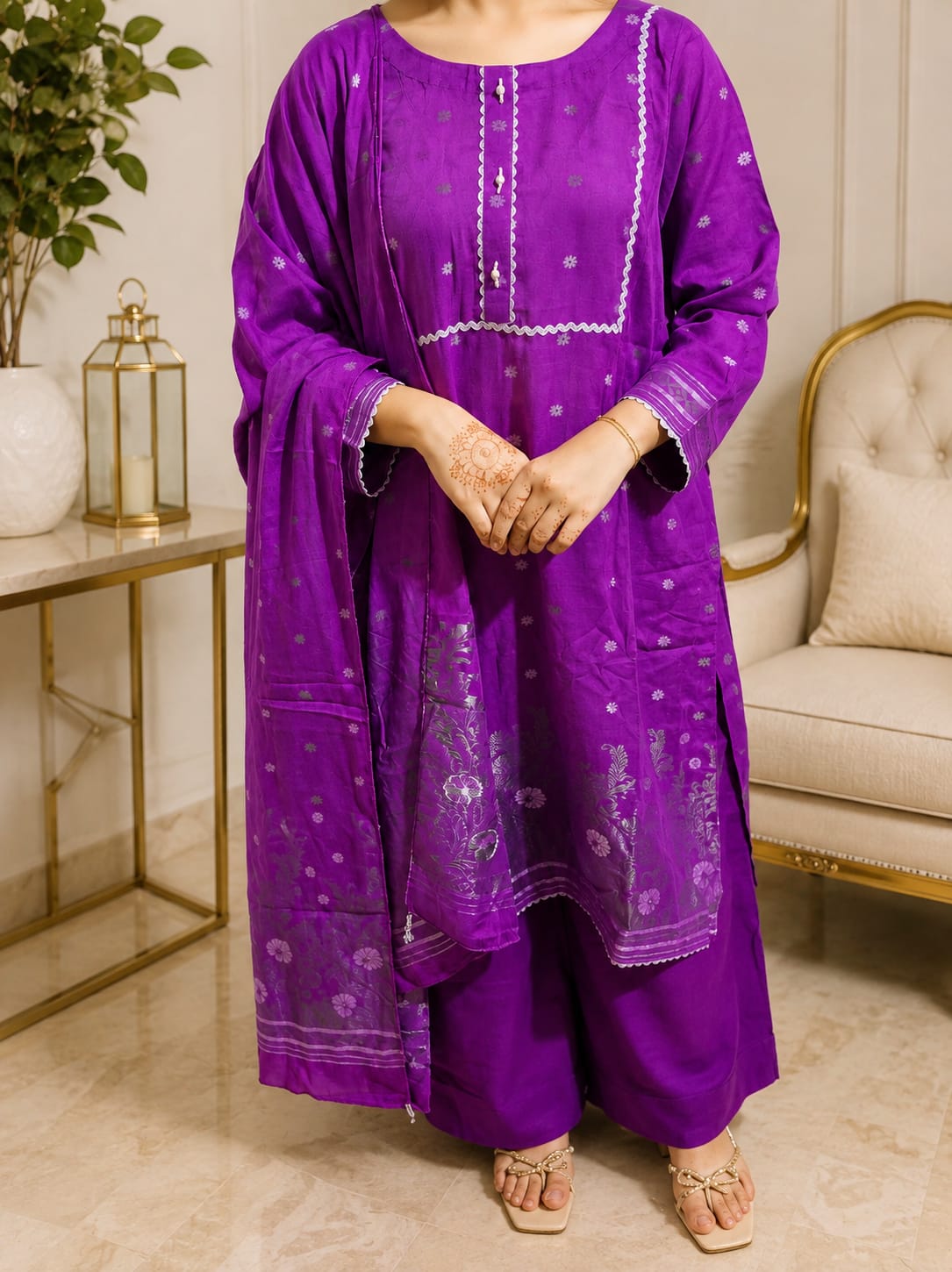 Royal purple jacquard 3 piece suit for woman premium dress