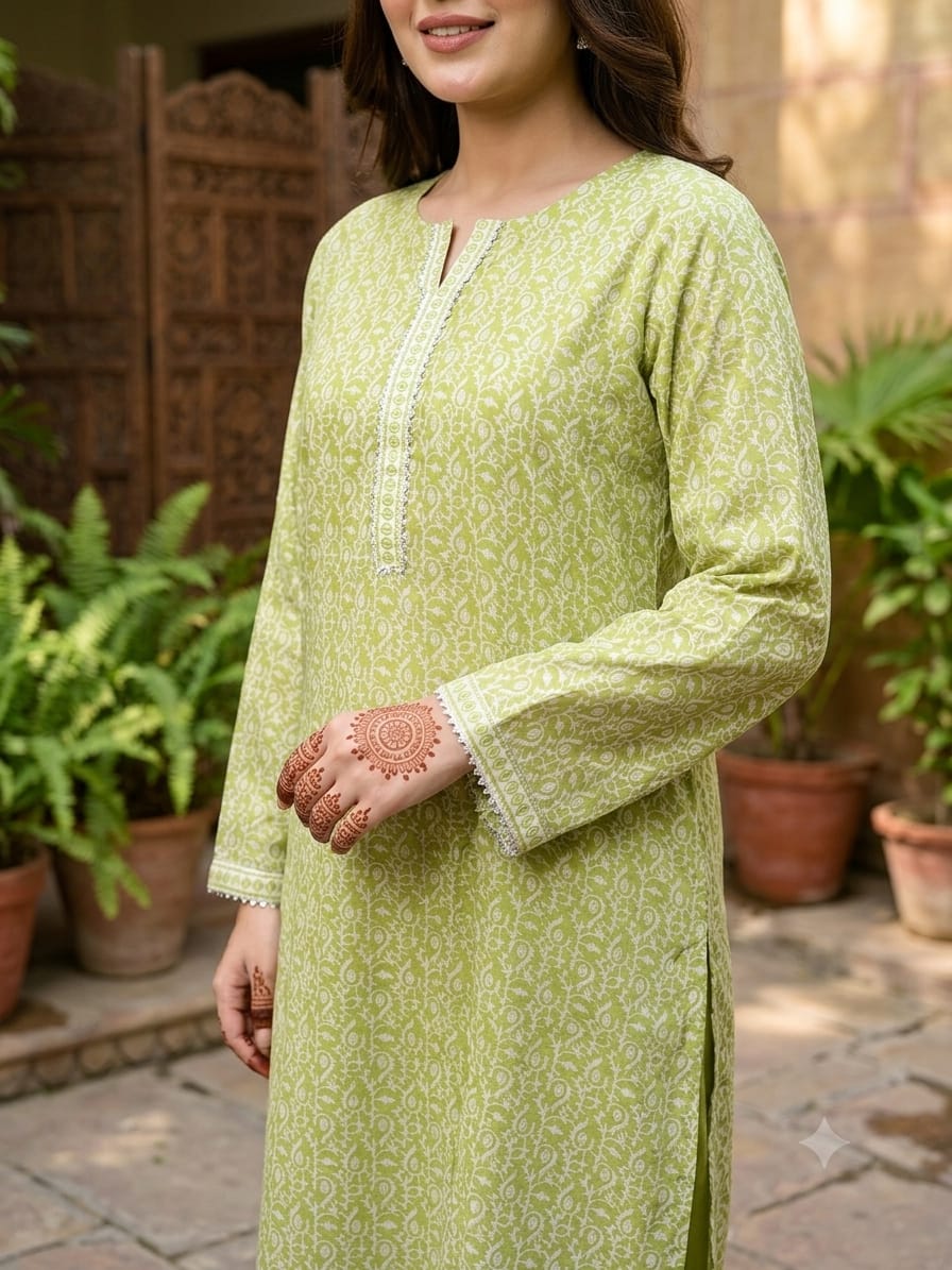 Lime Green Printed Lawn Suit