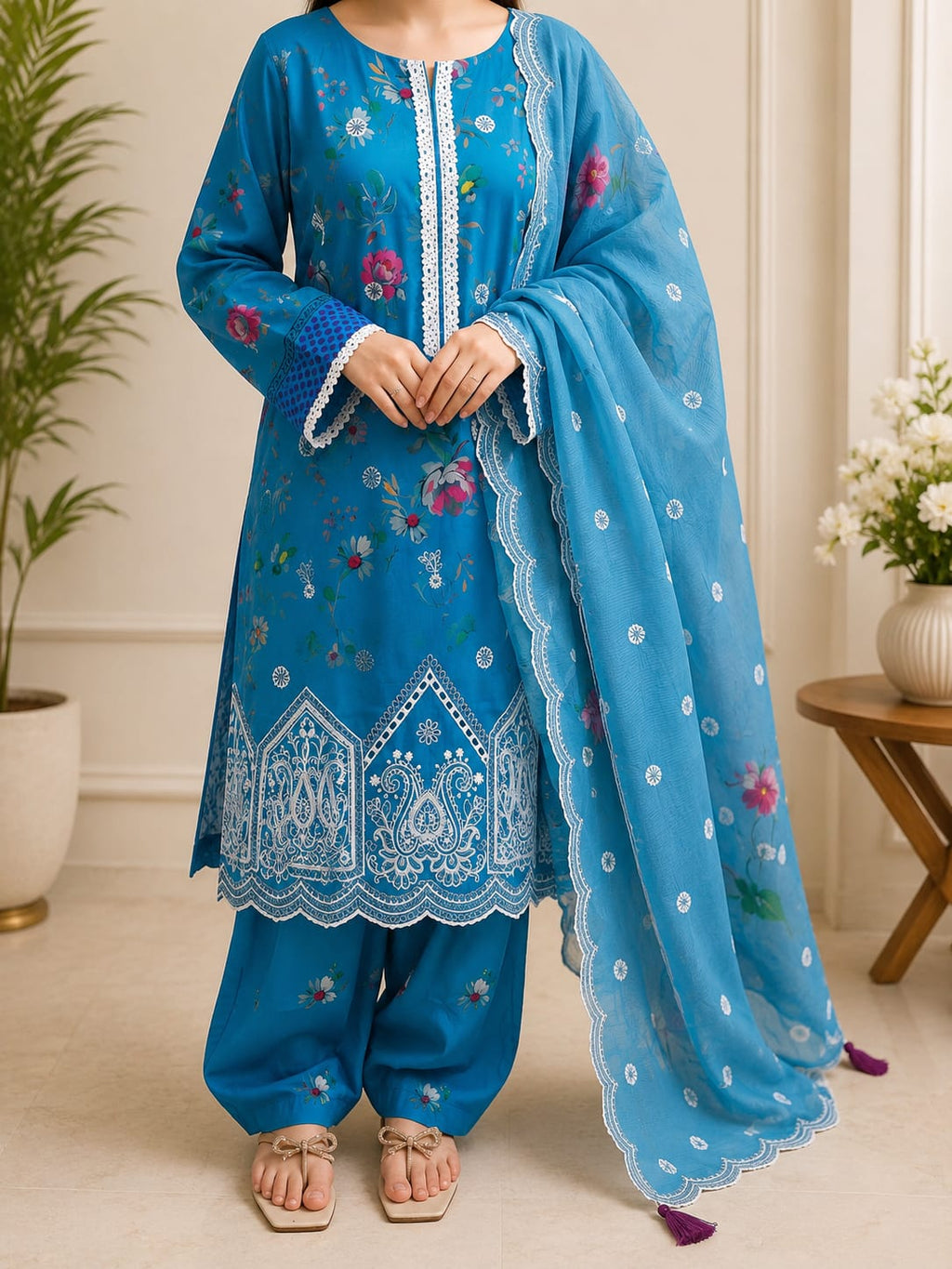 Sky Bloom Chikankari 3- piece suit