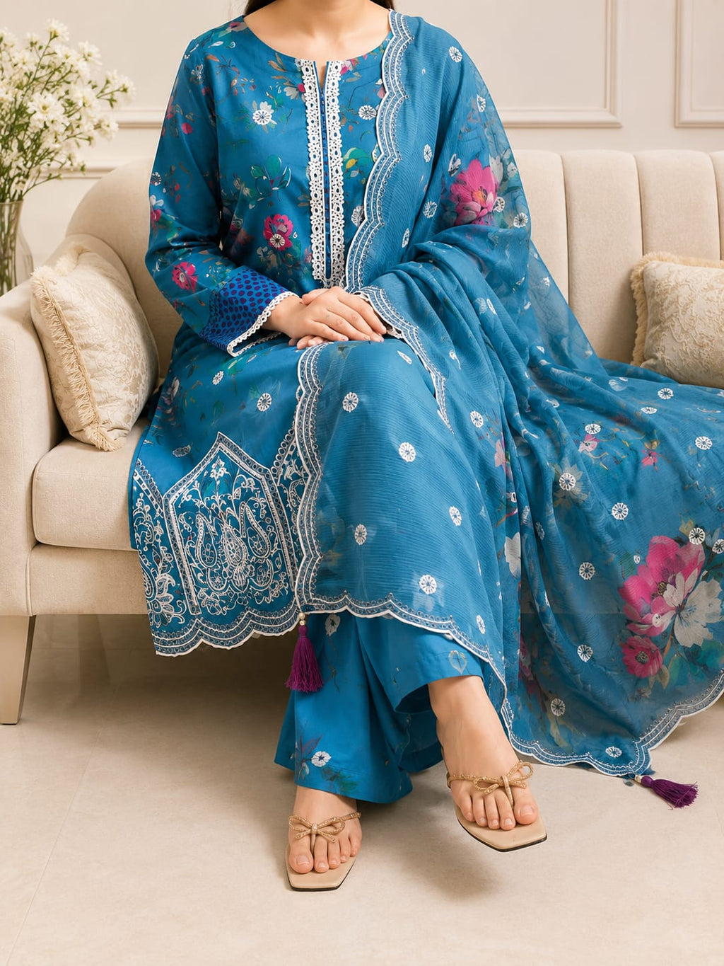 Sky Bloom Chikankari 3- piece suit